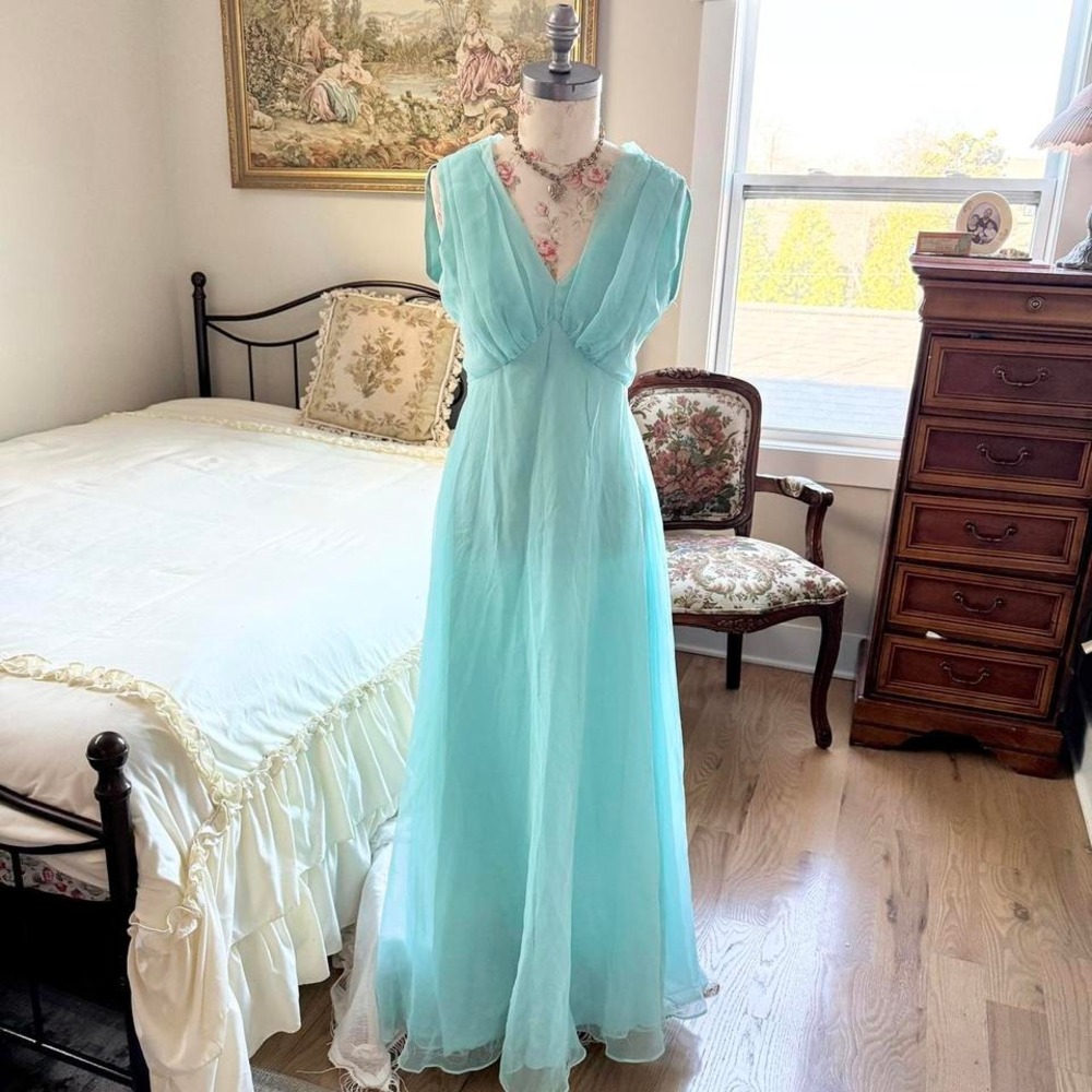 60s aqua chiffon‎ maxi dress union made size 10 formal prom dress